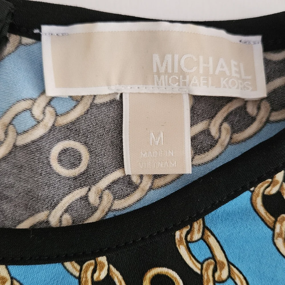 Michael Kors Womens Size Medium Short Sleeve Teal/Black & Chain Link Des…
